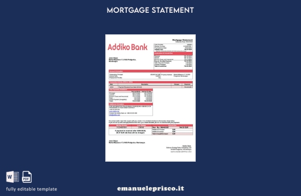 stile verificato Estratto del mutuo della Montenegro Addiko Bank Modello Word e 
